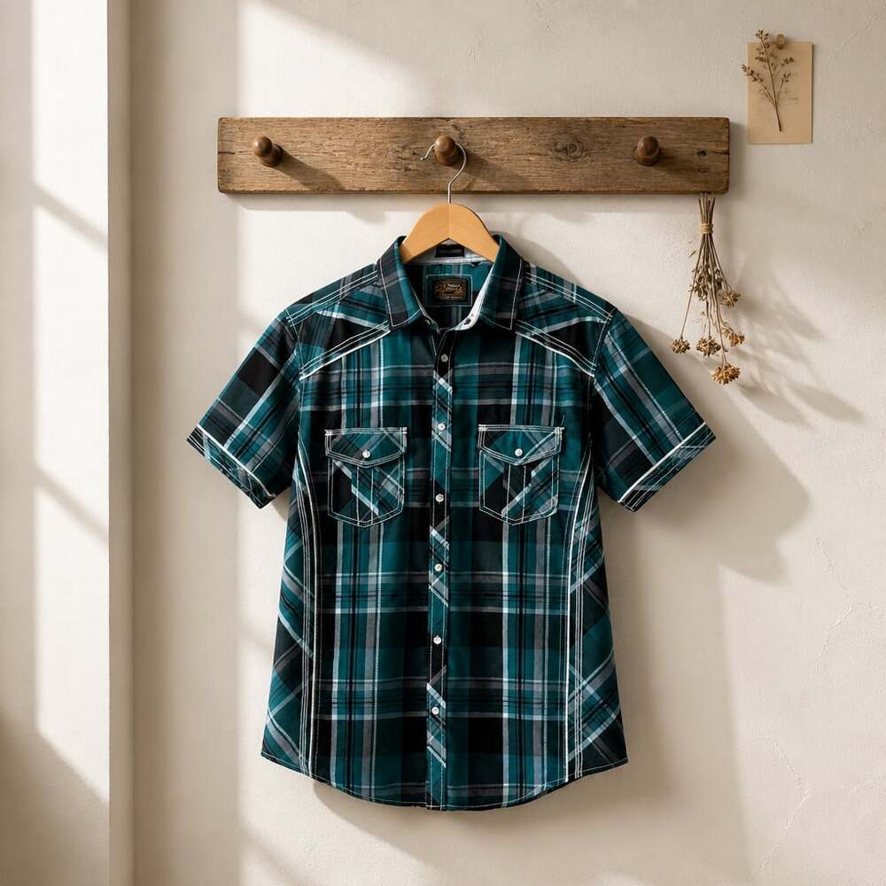 7 Diamonds Vintage Men's Short Sleeve Plaid Western Button-Down Shirt